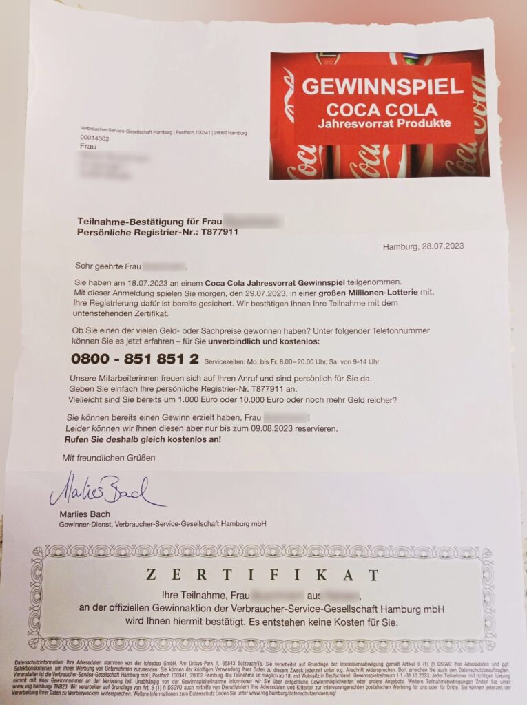 Coca Cola Jahresvorrat Teilnahme-Bestätigung von Marlies Bach, VSG Hamburg