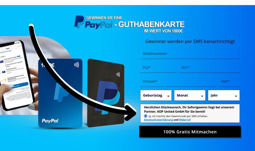 Fake-Gewinnspiel mit Datenweitergabe per SMS an KOP United GmbH
