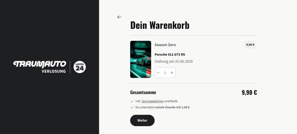 Traumautoverlosung Warenkorb mit einem Los für 9,90 Euro